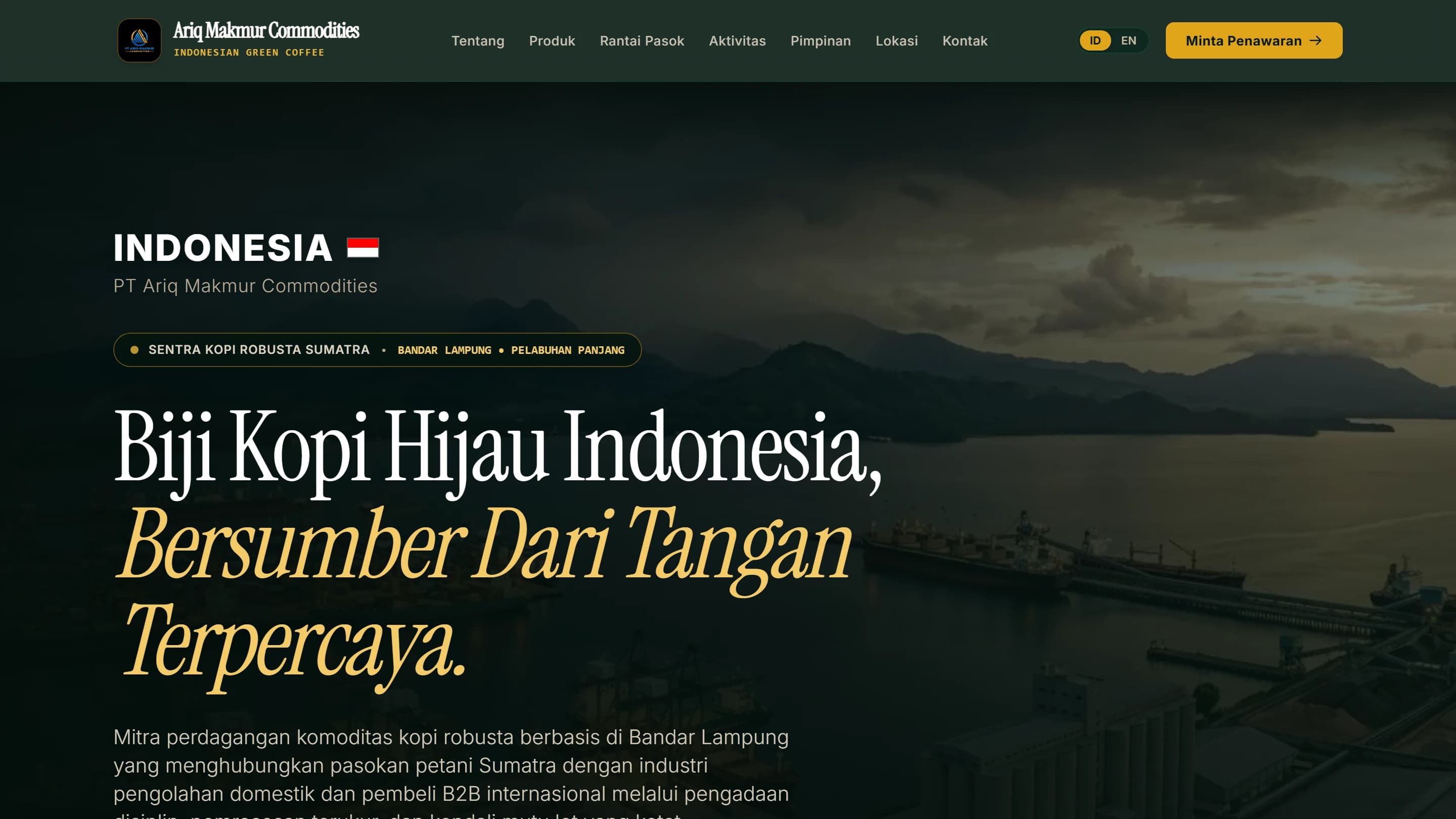 PT Ariq Makmur Commodities desktop landing page featuring green coffee export headline and brand identity